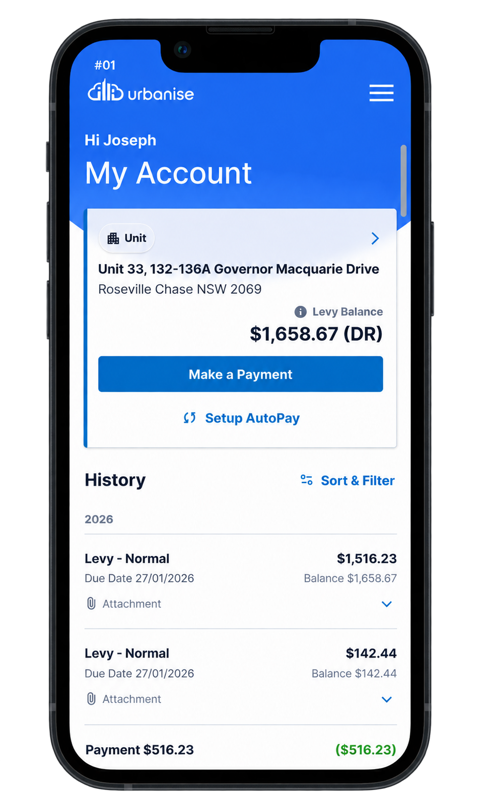 The Urbanise Owners Portal on a mobile phone, showing a lot balance and payment history